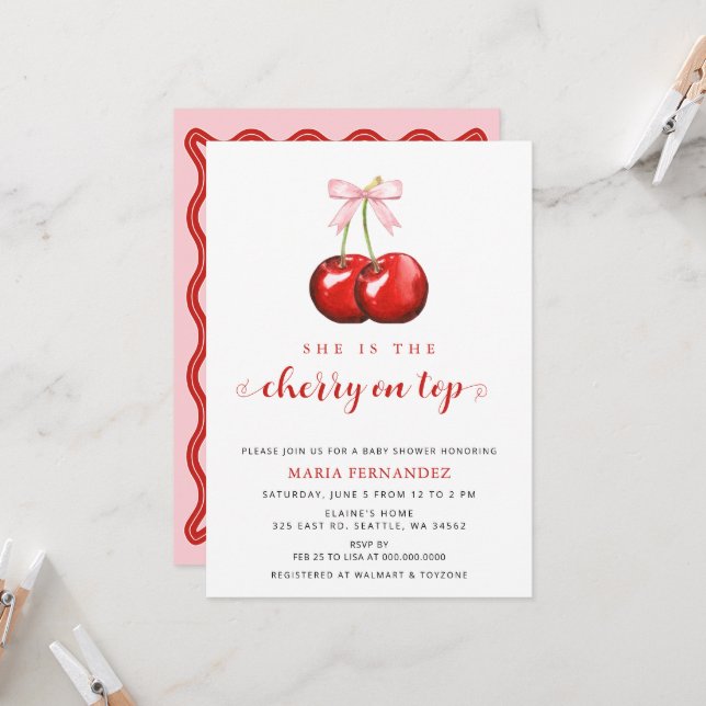 Invitación Cherry en la cima de Coquette Chica Bow rosa Baby  (Anverso/Reverso In Situ)