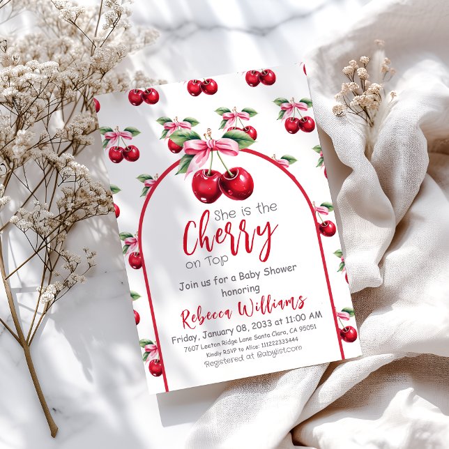 Invitación Cherry en la cima de Coquette Chica Bow rosa Baby  (Subido por el creador)