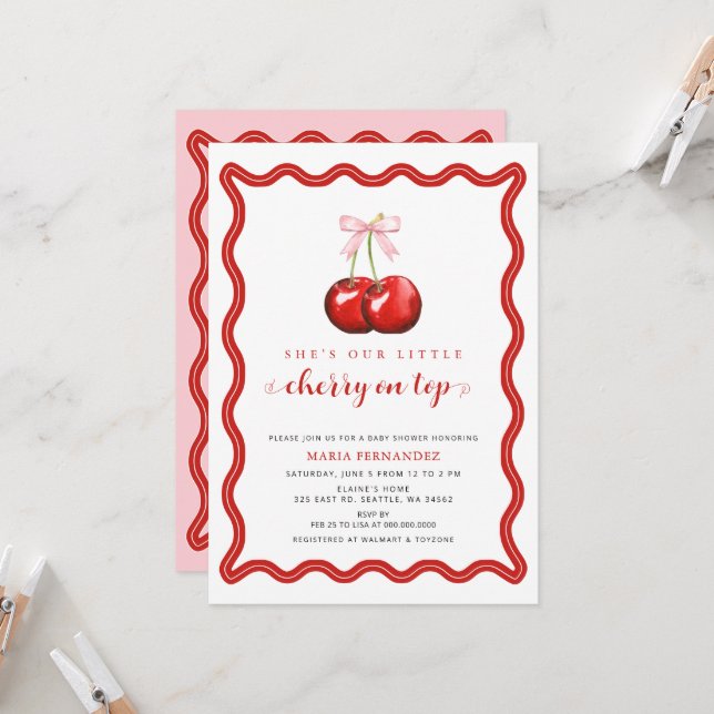 Invitación Cherry en la cima de Coquette Chica Bow rosa Baby  (Anverso/Reverso In Situ)
