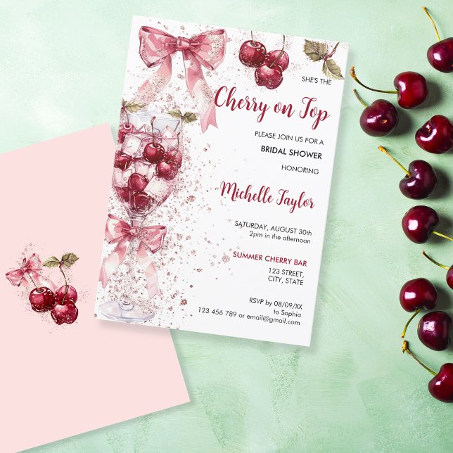 Invitación Cherry en la cima de la ducha de novia en verano d (watercolor cherries with bow)