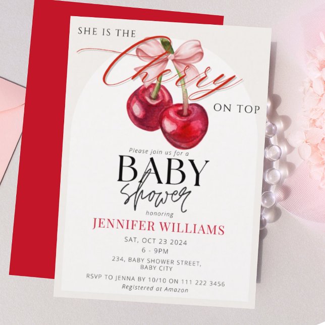 Invitación Cherry en la cima de la Moda Coquette Bridal Showe (Cherry on Top Chic Coquette Girl Baby Shower Invitation)