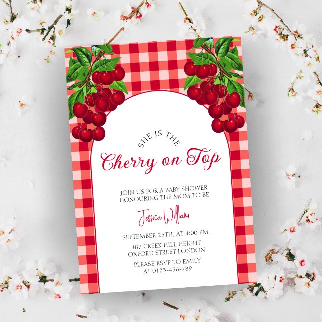 Invitación Cherry en la cima del otoño Gingham Plaid Baby Sho (Subido por el creador)