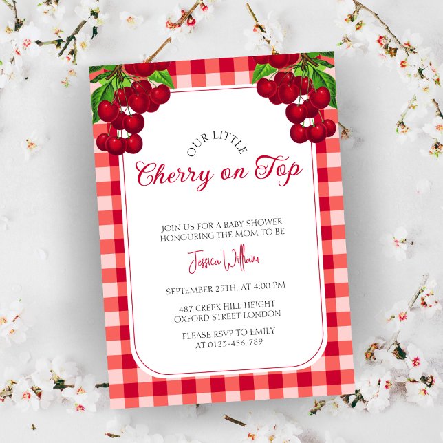 Invitación Cherry en la cima del otoño Gingham Plaid Baby Sho (Subido por el creador)