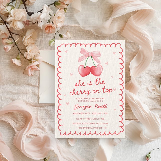 Invitación Cherry en la parte superior de Coquette Bow Baby S (She is the cherry on top Baby Shower Invitation Coquette Bow Pink & Red Vintage Retro)
