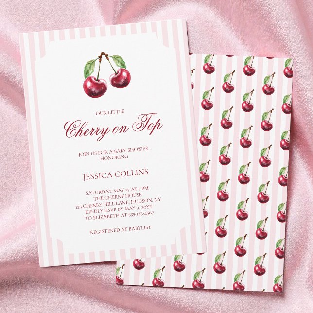 Invitación Cherry en la parte superior moderna rosa y roja Ba (Modern Pink and Red Cute Cherry on Top Baby Shower Invitation)