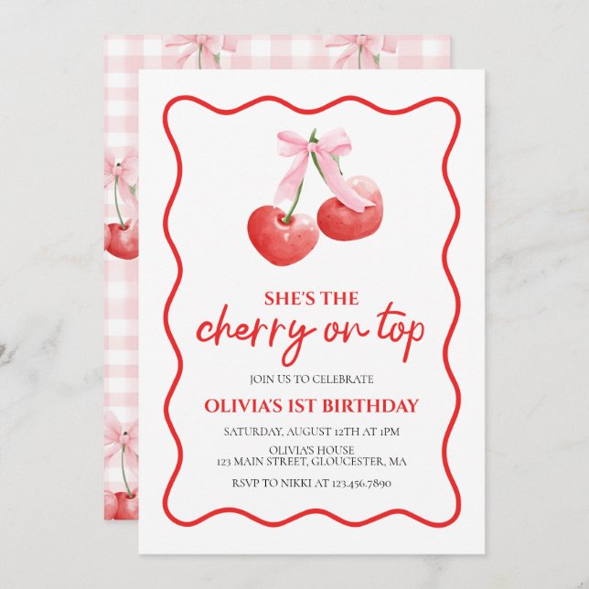 Invitación Cherry en Top Pink Bow preppy cumpleaños (Anverso / Reverso)