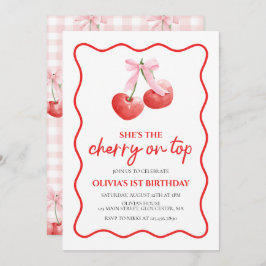 Invitación Cherry en Top Pink Bow preppy cumpleaños