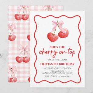 Invitación Cherry en Top Pink Bow preppy cumpleaños
