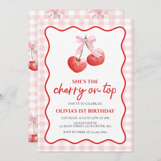 Invitación Cherry en Top Pink Bow preppy cumpleaños (Anverso / Reverso)