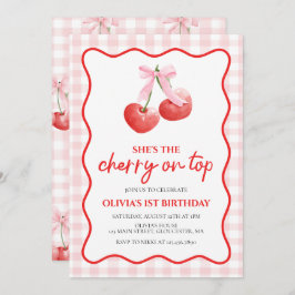 Invitación Cherry en Top Pink Bow preppy cumpleaños