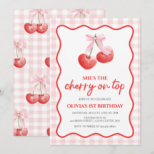 Invitación Cherry en Top Pink Bow preppy cumpleaños