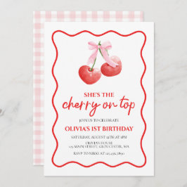 Invitación Cherry en Top Pink Bow preppy cumpleaños