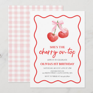 Invitación Cherry en Top Pink Bow preppy cumpleaños