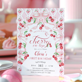 Invitación Cherry First Birday Party Coquette Birthday