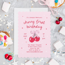 Invitación Cherry First Birday Pink Coquette Bow