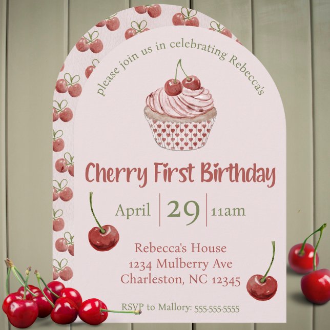 Invitación Cherry First Birday Watercolor Coquette Cupcake (Cherry first birthday watercolor cupcake fruit cute 1st bday party invitation pink girls 1 year old)