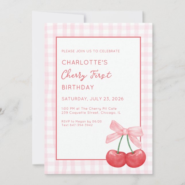 Invitación Cherry First Birthday Pink Gingham Girls One Year  (Anverso)