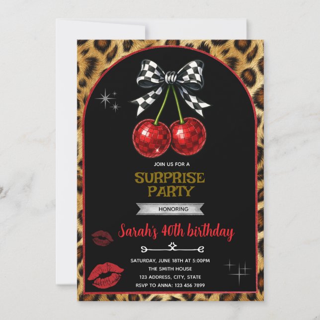 Invitación Cherry Leopard party Invitation (Anverso)
