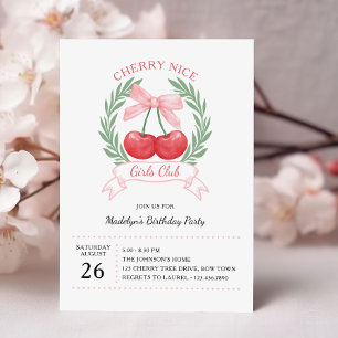 Invitación Cherry Nice Girls Club Lazo Rosa Cumpleaños