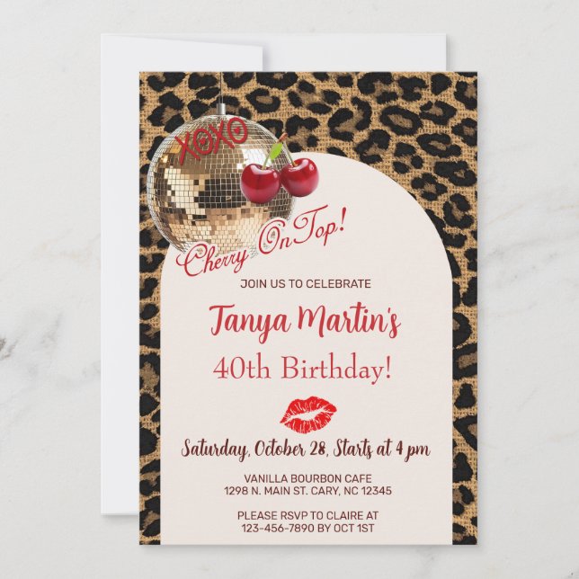 Invitación Cherry On Top adult woman birthday invitation. (Anverso)