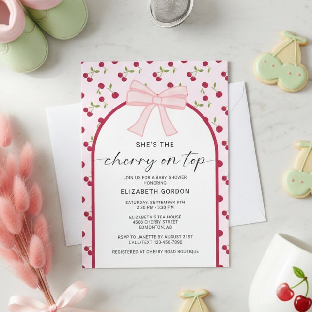 Invitación Cherry On Top Baby Shower Coquette Bow (Subido por el creador)