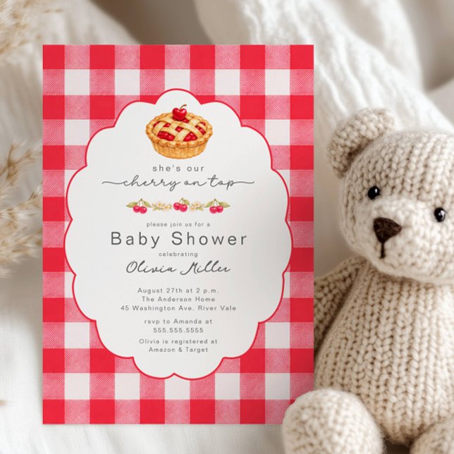 Invitación Cherry on Top Baby Shower Gingham Invite (Subido por el creador)