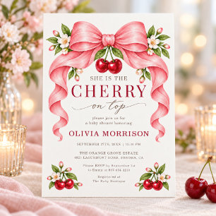 Invitación Cherry on Top Baby Shower lazo rosa