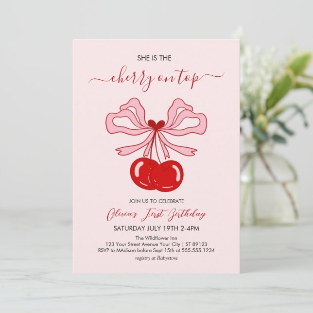 Invitación Cherry on Top Birthday Cherries 1st Birthday (Anverso de pie)