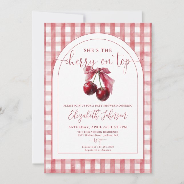 Invitación Cherry On Top Bow QR Code Girl Baby Shower (Anverso)