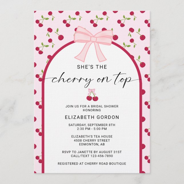 Invitación Cherry On Top Bridal Shower Coquette Bow (Anverso)