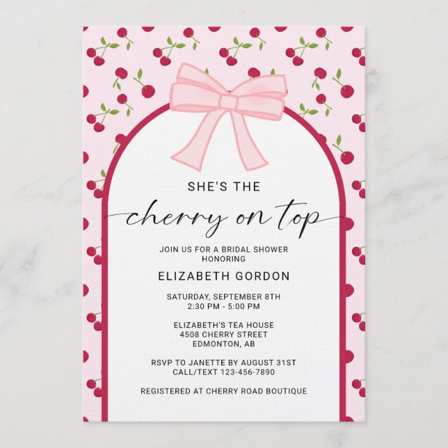 Invitación Cherry On Top Bridal Shower Coquette Bow (Anverso)