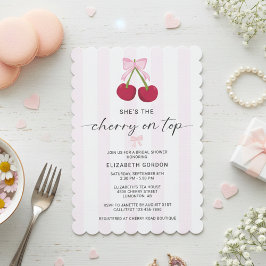 Invitación Cherry On Top Bridal Shower Coquette Bow Stripes