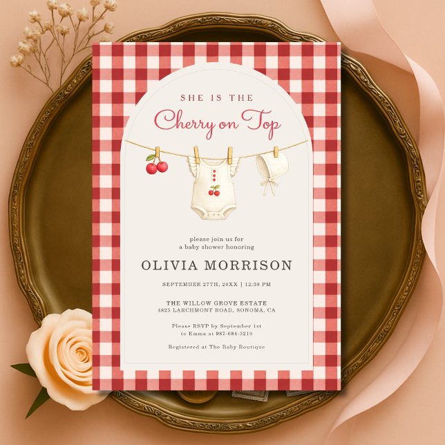 Invitación Cherry on Top Clothesline Gingham Baby Shower (Subido por el creador)