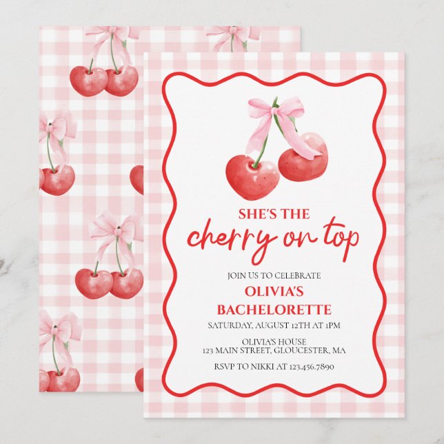 Invitación Cherry on Top coquette bachelorparty (Anverso / Reverso)