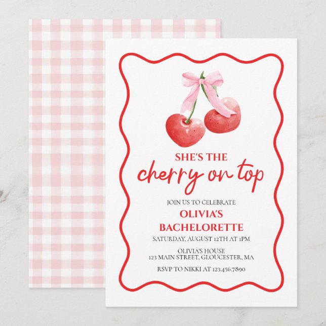 Invitación Cherry on Top coquette bachelorparty (Anverso / Reverso)