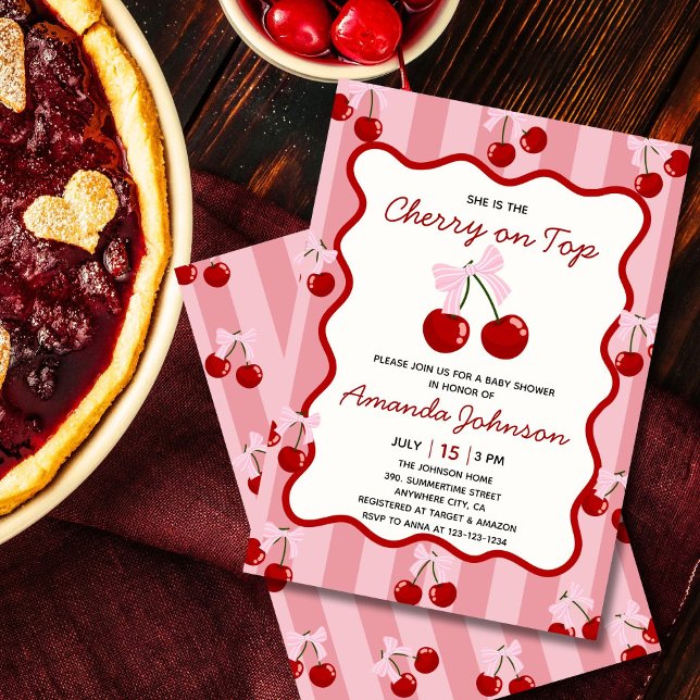 Invitación Cherry On Top Coquette Bow Chica Rosa Baby Shower (Blush pink cherry baby shower invitation with cute bow, whimsical and sweet design)