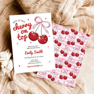 Invitación Cherry On Top Coquette Bow Chica Rosa Baby Shower