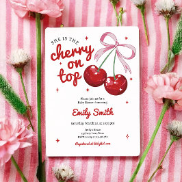 Invitación Cherry On Top Coquette Bow Chica Rosa Baby Shower