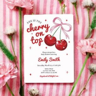 Invitación Cherry On Top Coquette Bow Chica Rosa Baby Shower