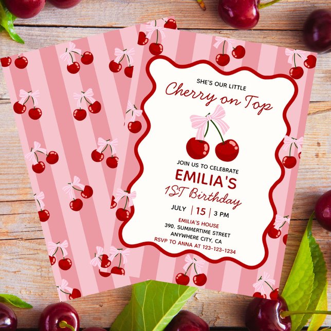 Invitación Cherry On Top Coquette Bow Chica Rosa Cumpleaños (Cherry on Top First Birthday Invitation for Girls with Pink Bow and Fruit Theme)