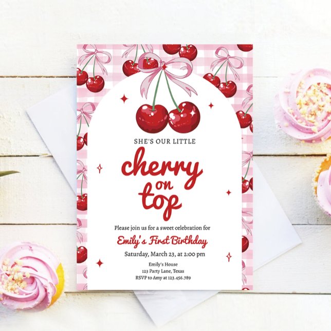 Invitación Cherry On Top Coquette Bow Chica Rosa Cumpleaños (Subido por el creador)