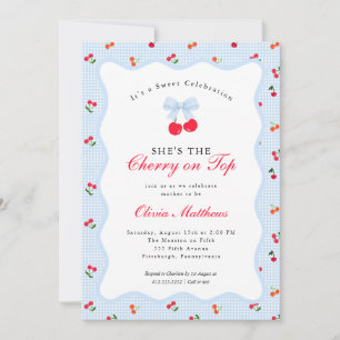Invitación Cherry on Top Coquette Bow Gingham Baby Shower