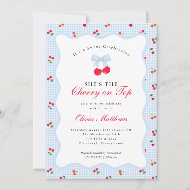 Invitación Cherry on Top Coquette Bow Gingham Baby Shower  (Anverso)