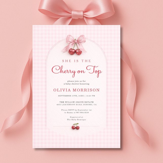 Invitación Cherry on Top Coquette Lazo de Gingham Celebración (Subido por el creador)