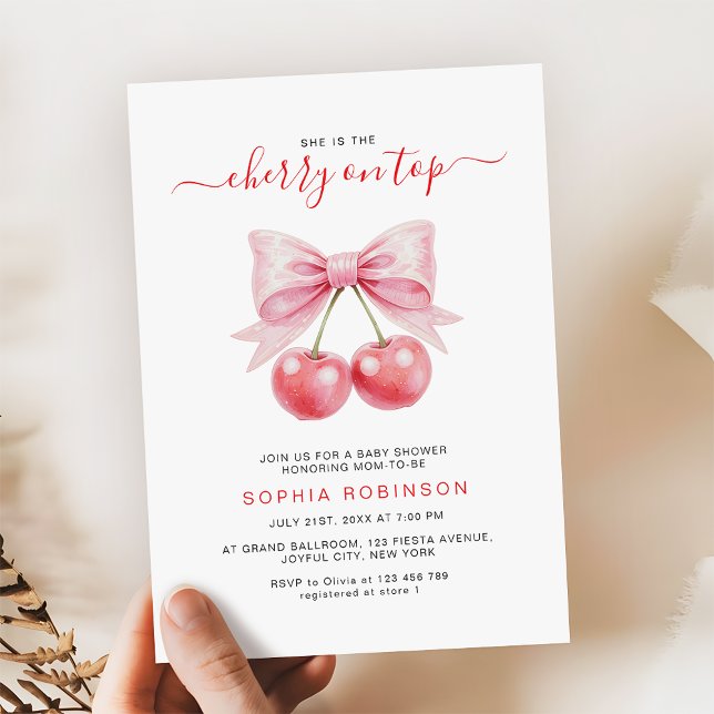 Invitación Cherry On Top Coquette Pink Bow Chica Baby Shower (Subido por el creador)