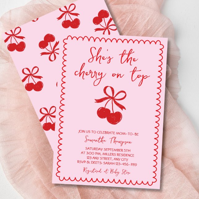 Invitación Cherry On Top Cute Hand Drake Baby Girl Shower (Cherry On Top Cute Hand Drawn Baby Girl Shower Invitation)