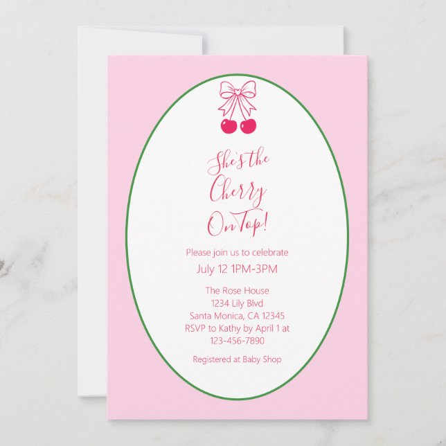Invitación Cherry On Top Fiesta de Bebé para Niña Moderna (Anverso)