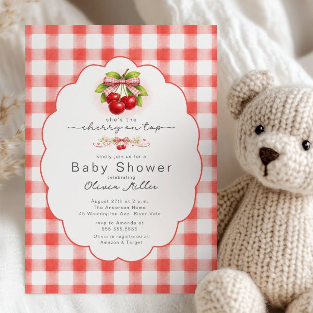 Invitación Cherry on Top Gingham Baby Shower (Subido por el creador)