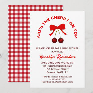 Invitación Cherry On Top Lazo Coqueto Rojo Baby Shower Niña