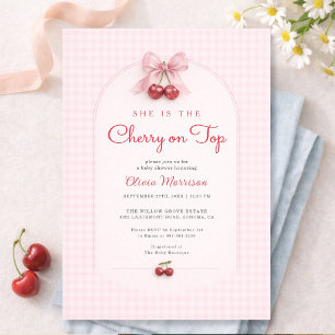 Invitación Cherry on Top Lazo Rosa de Cuadros Baby Shower